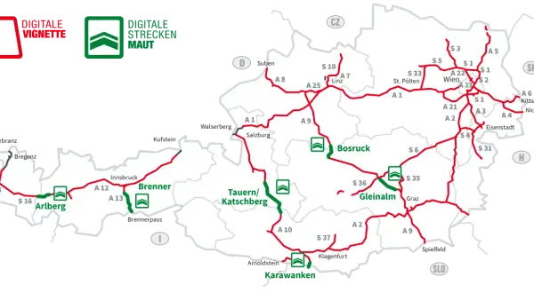 Mapa Austrii z zaznaczonymi drogami, gdzie e-winieta Austria cena jest kluczowa dla podróżujących.