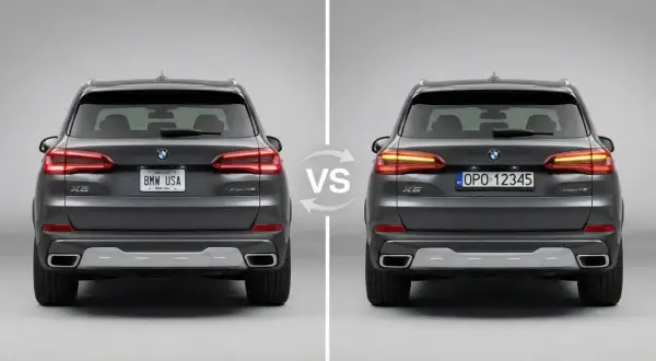 Porównanie tyłu BMW X5 z USA i Europy. Z lewej strony tablica "BMW USA", z prawej polskie tablice rejestracyjne.