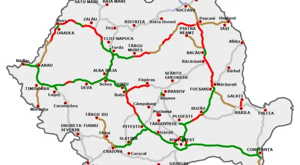 Mapa drogowa Rumunii z zaznaczonymi miastami i trasami. Winieta Rumunia jako przewodnik po podróży.