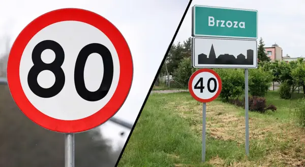 Znak b33 z "80" i znak z napisem "Brzoza" oraz "40".