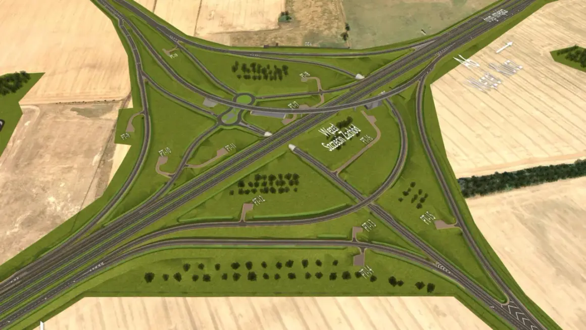 Węzeł Szczecin Zachód na autostradzie A6, z wielopoziomowymi skrzyżowaniami i rondem.