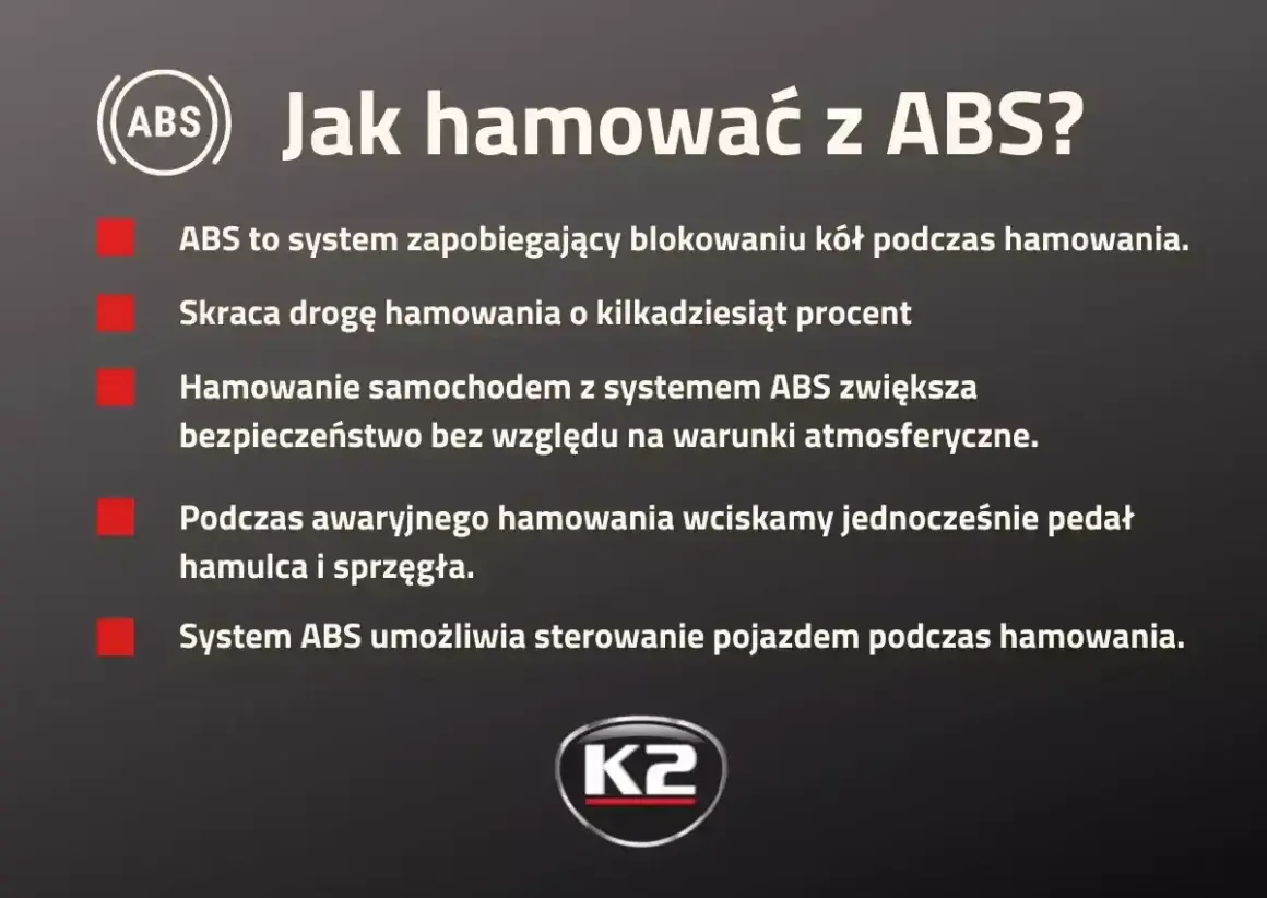 Jak hamować z ABS? System zapobiega blokowaniu kół, skraca drogę hamowania i zwiększa bezpieczeństwo. W awaryjnym hamowaniu wciskaj pedał hamulca i sprzęgła.