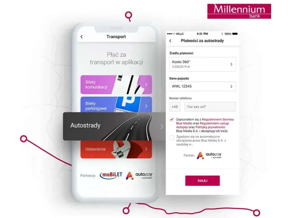 Aplikacja bankowa Millennium umożliwia płatności za autostrady przez Autopay. Możesz dodać dane pojazdu i numer telefonu.