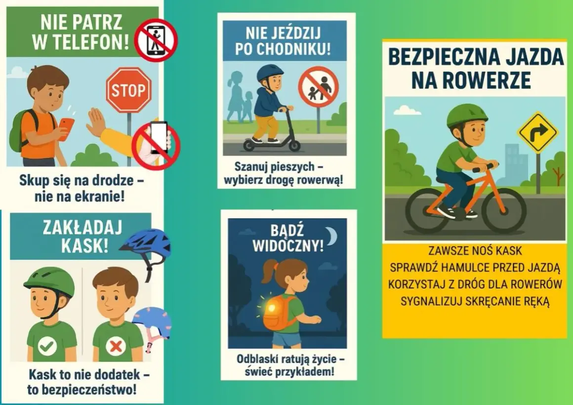 Bezpieczna jazda na rowerze: nie patrz w telefon, zakładaj kask, bądź widoczny. Szanuj pieszych, wybierz drogę rowerową.