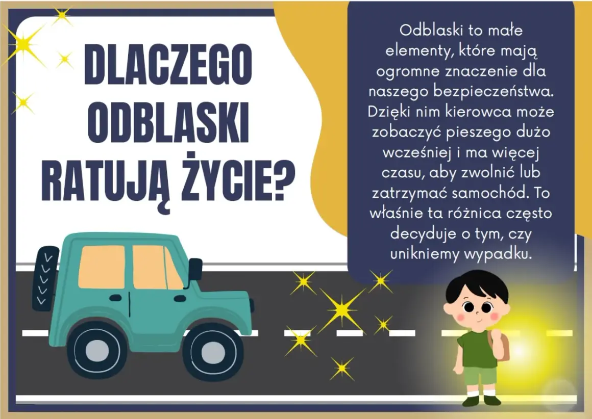 Odblaski ratują życie! Dziecko z plecakiem stoi przy drodze, a samochód widzi je dzięki odblaskom.