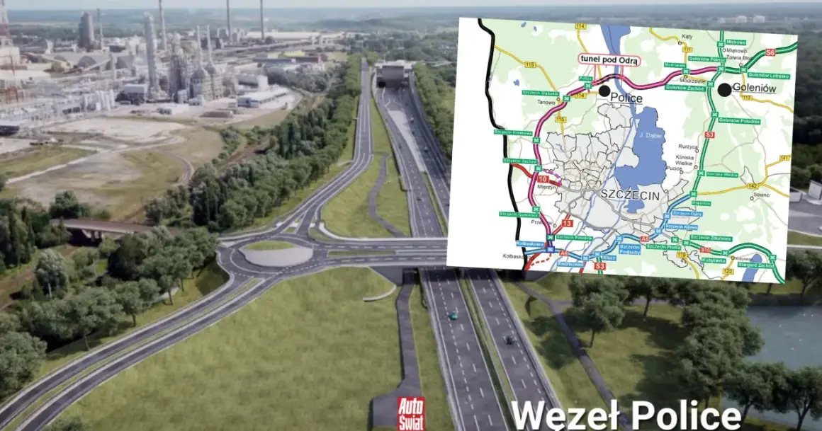 Węzeł Police na zachodniej obwodnicy Szczecina, z widokiem na tunel pod Odrą i przemysłową zabudowę.