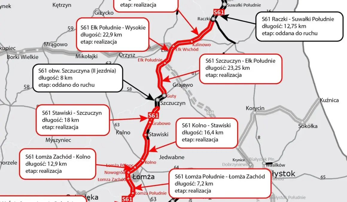 Mapa drogowa Via Baltica z zaznaczonymi odcinkami S61, ich długością i statusem realizacji.