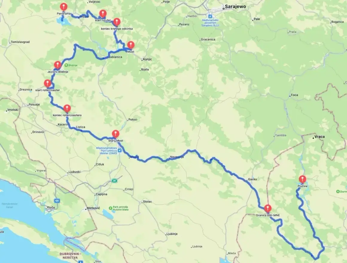 Trasa podróżnicza przez Bośnię i Hercegowinę, od Jeziora Blidinje, przez Mostar, aż do granicy z Czarnogórą.