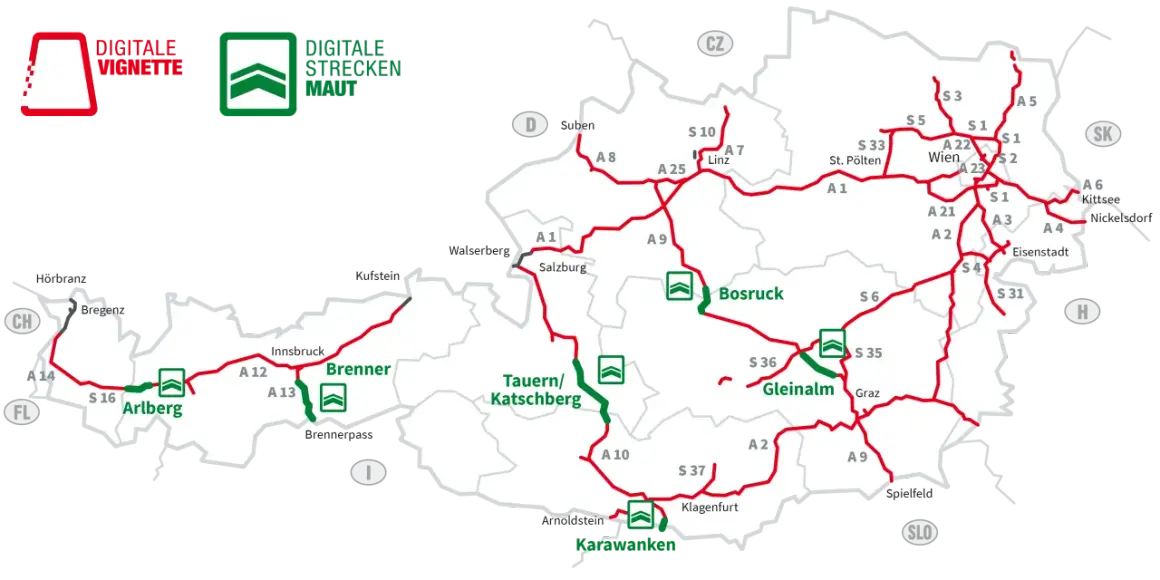 Mapa Austrii z zaznaczonymi drogami, gdzie e-winieta Austria cena jest kluczowa dla podróżujących.