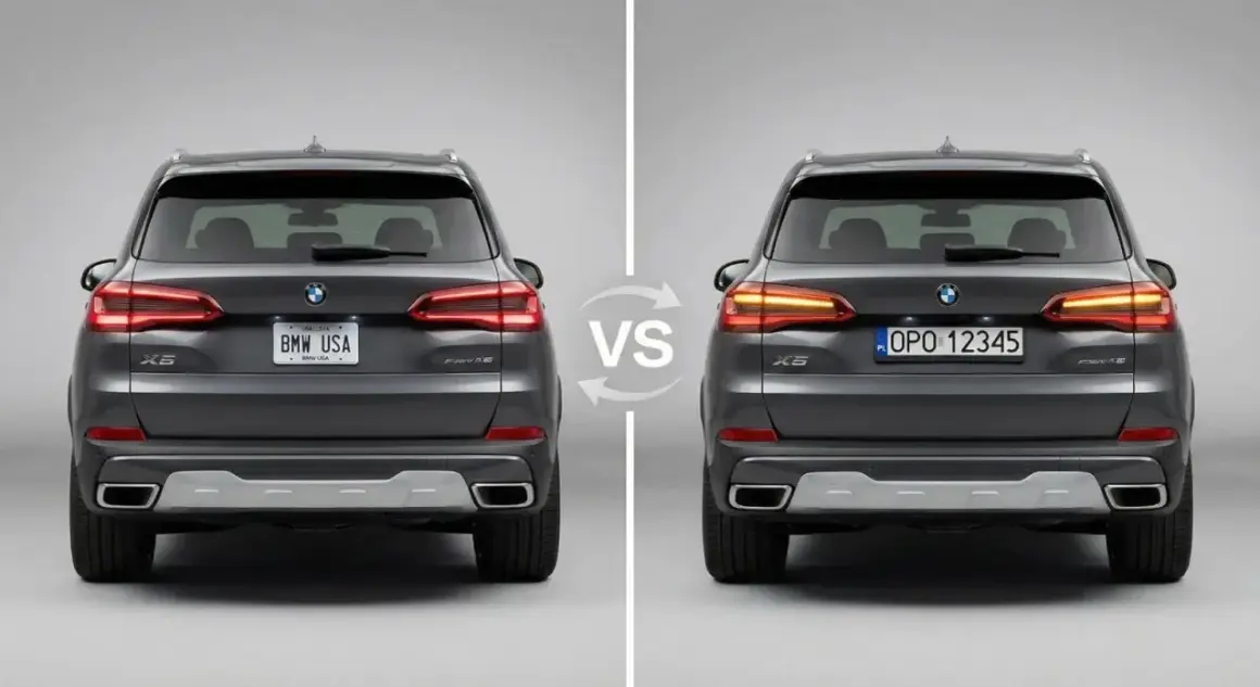 Porównanie tyłu BMW X5 z USA i Europy. Z lewej strony tablica "BMW USA", z prawej polskie tablice rejestracyjne.