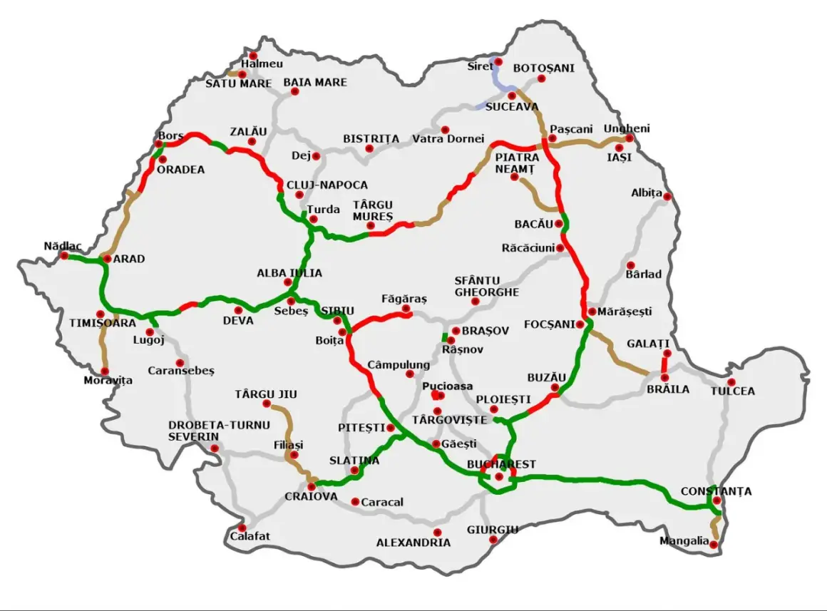 Mapa drogowa Rumunii z zaznaczonymi miastami i trasami. Winieta Rumunia jako przewodnik po podróży.