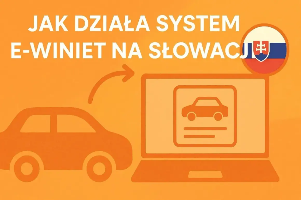 Grafika przedstawia proces zakupu winiety Słowacja online. Samochód symbolizuje podróż, a laptop system e-winiet.