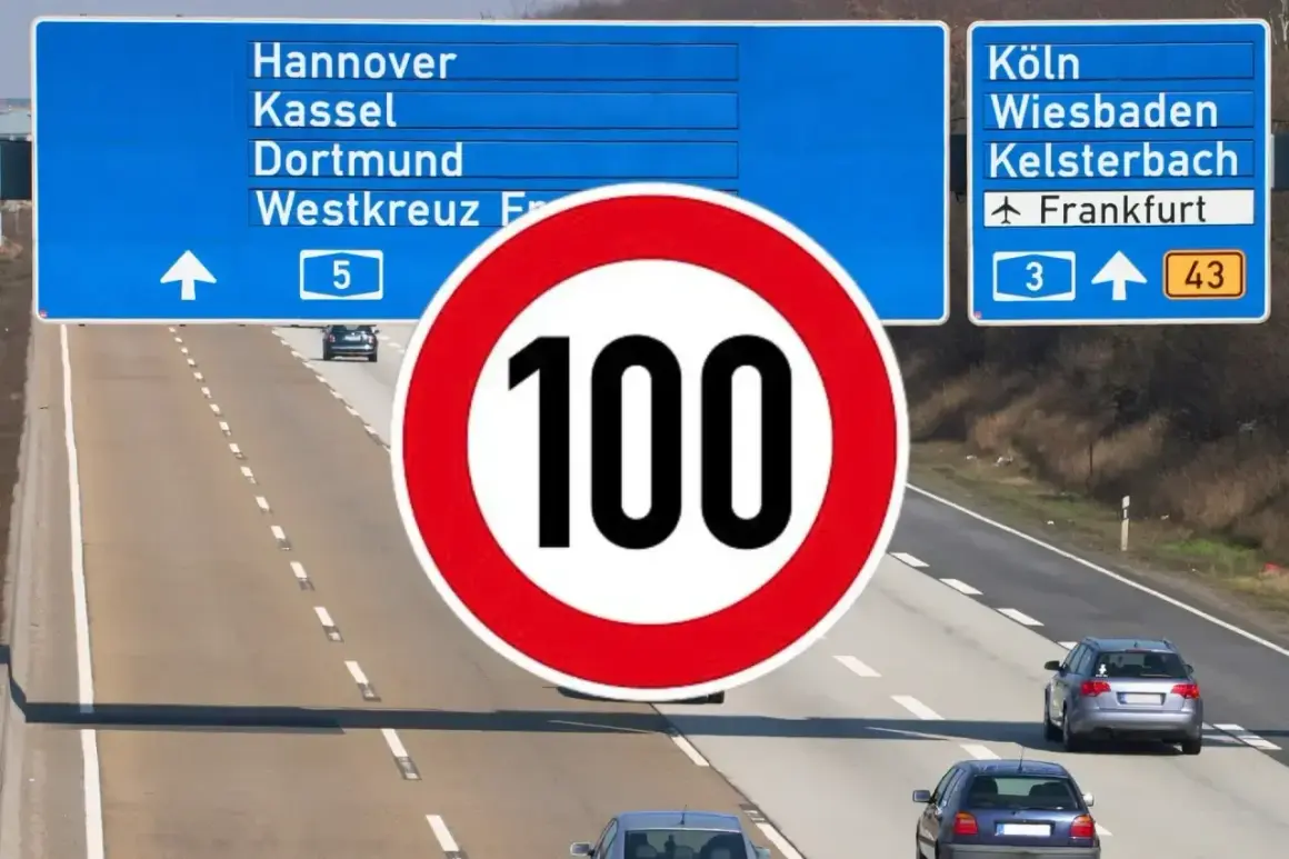 Niemiecki autobahn z tablicami kierunkowymi na Hanower, Kolonię i Frankfurt. Ograniczenie prędkości do 100 km/h.