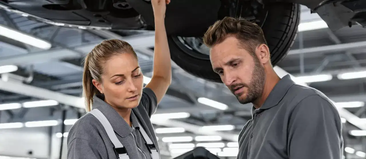 Mechanicy omawiają szczegóły akcji serwisowej BMW pod podniesionym samochodem.