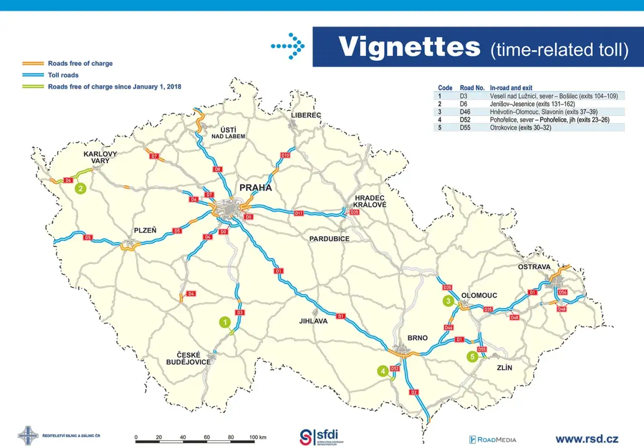 Mapa Czech z zaznaczonymi winietami i drogami płatnymi. Winieta to klucz do podróżowania po wybranych odcinkach dróg.