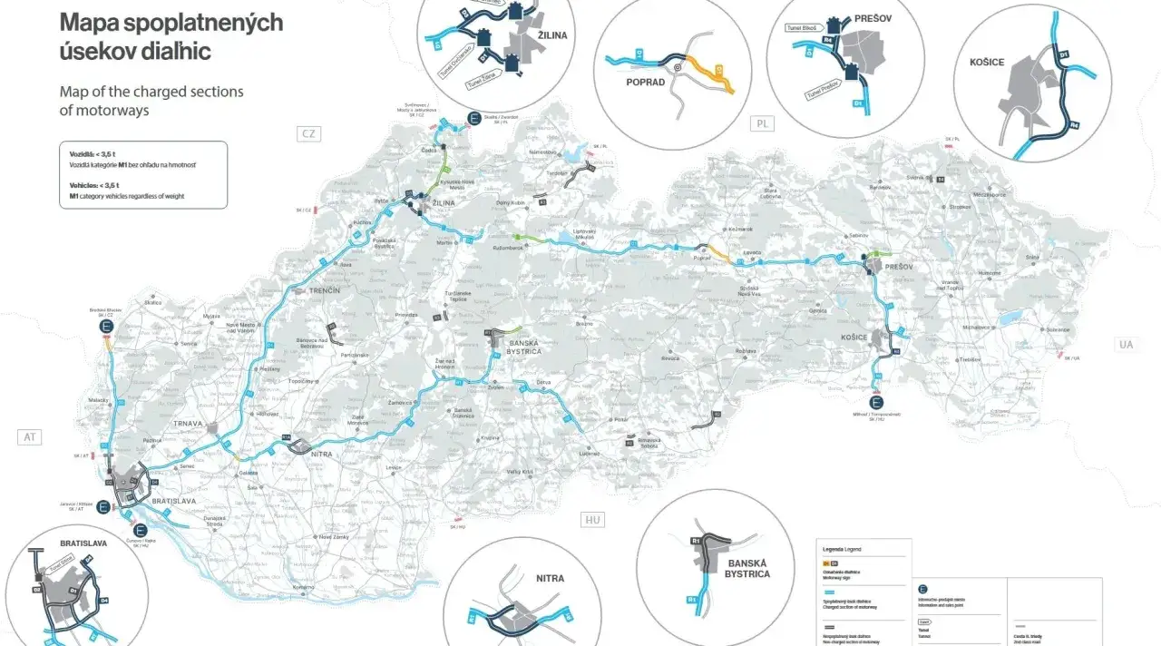 Mapa ukazuje winiety Słowacja, zaznaczone odcinki autostrad i drogi płatne.