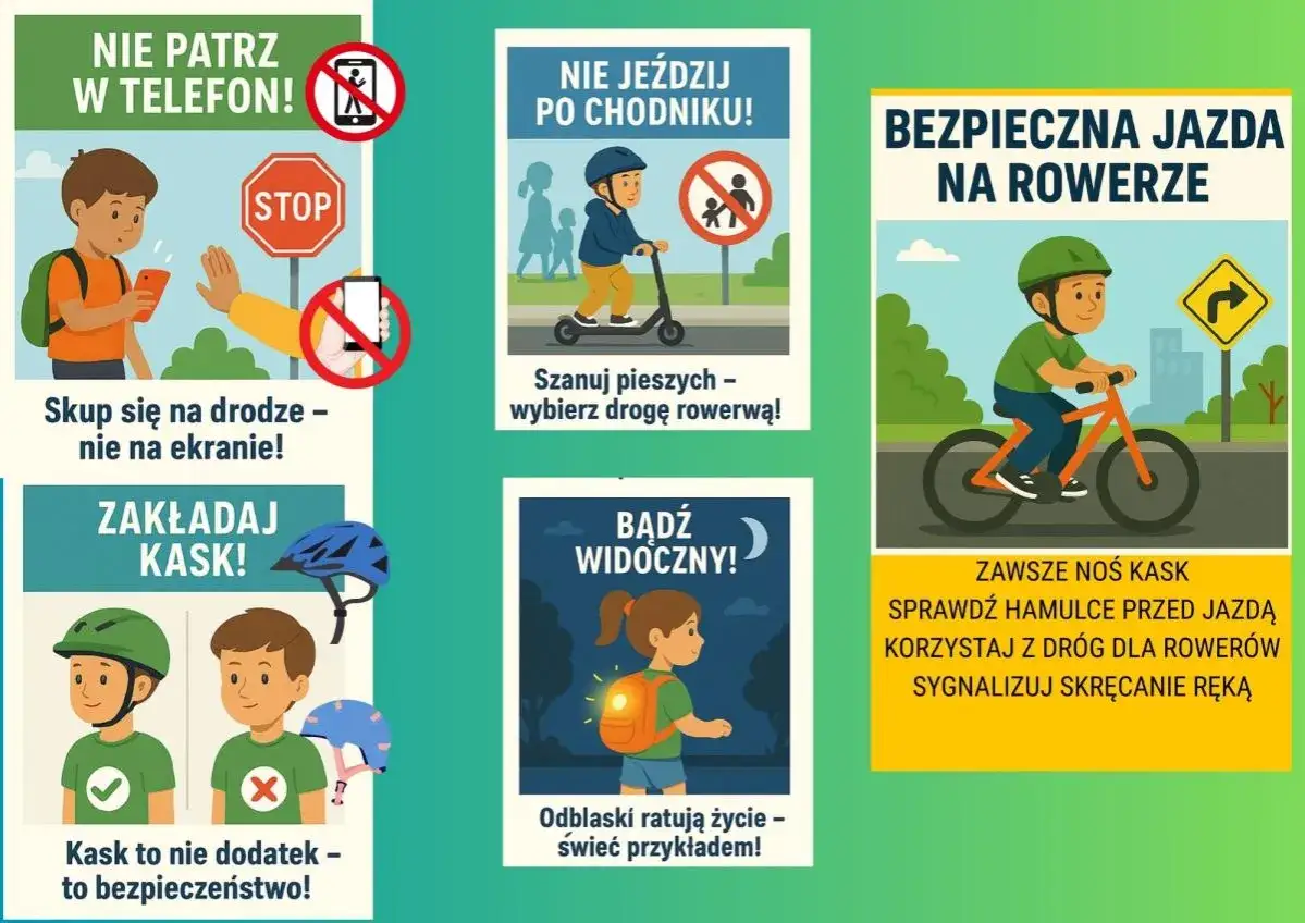 Bezpieczna jazda na rowerze: skup się na drodze, nie na ekranie, szanuj pieszych, bądź widoczny, zakładaj kask.
