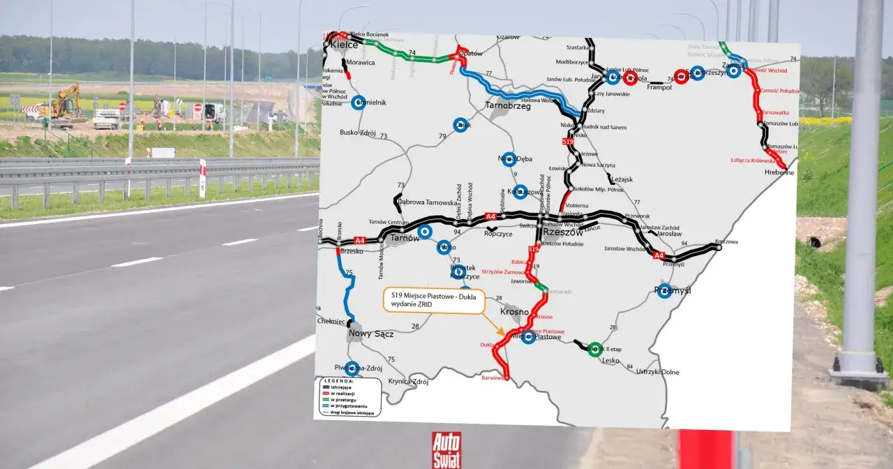 Mapa drogowa Polski, z zaznaczonymi trasami Via Carpatia, w tym odcinkami w budowie i planowanych.