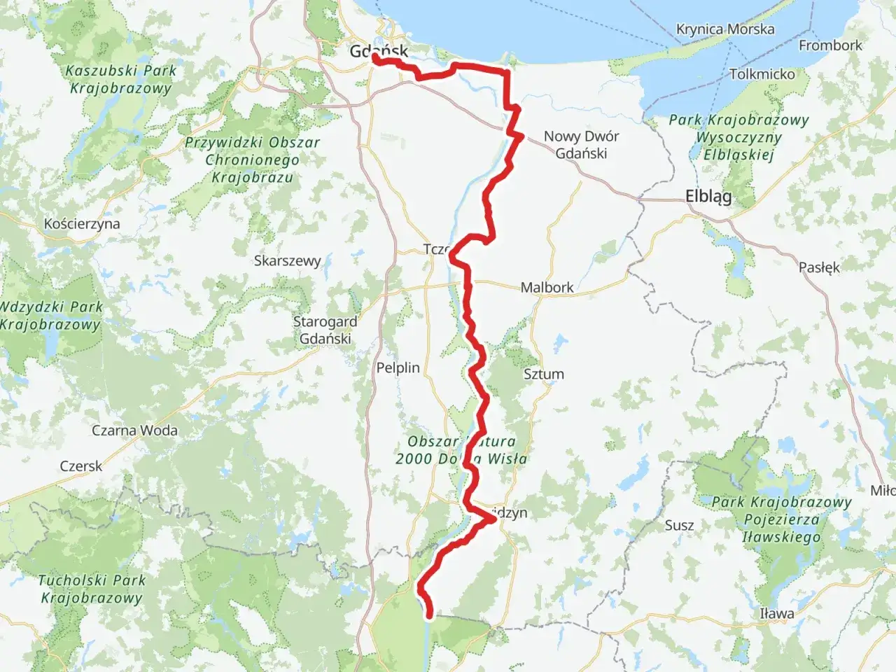 Mapa z zaznaczoną trasą R10 od Gdańska przez Malbork i Elbląg, wiodącą przez malownicze tereny Pojezierza Iławskiego.
