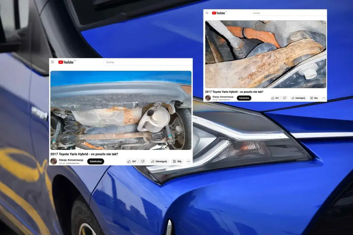 Podwozie japońskiego auta, Toyoty Yaris Hybrid z 2017 roku, pokazuje rdzę. Film na YouTube ostrzega przed problemami.