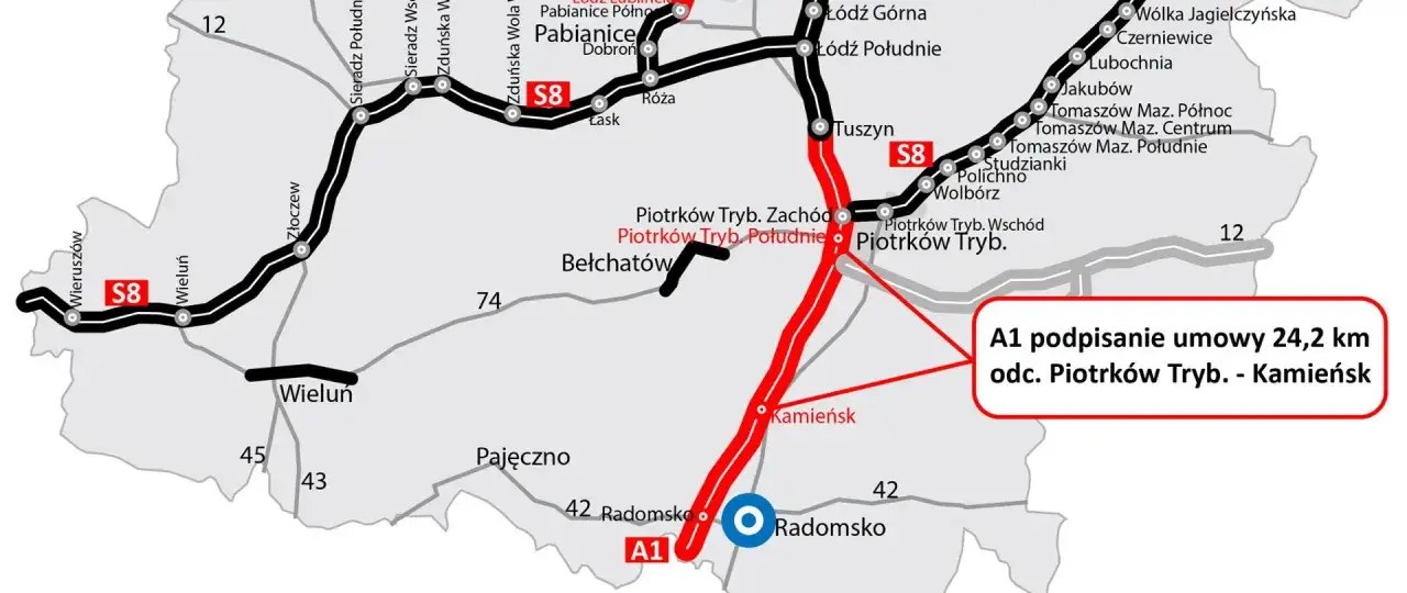 Mapa drogowa z zaznaczoną trasą S8, która jest częścią autostrady bursztynowej, łączącą m.in. Łódź z Piotrkowe Trybunalskim.