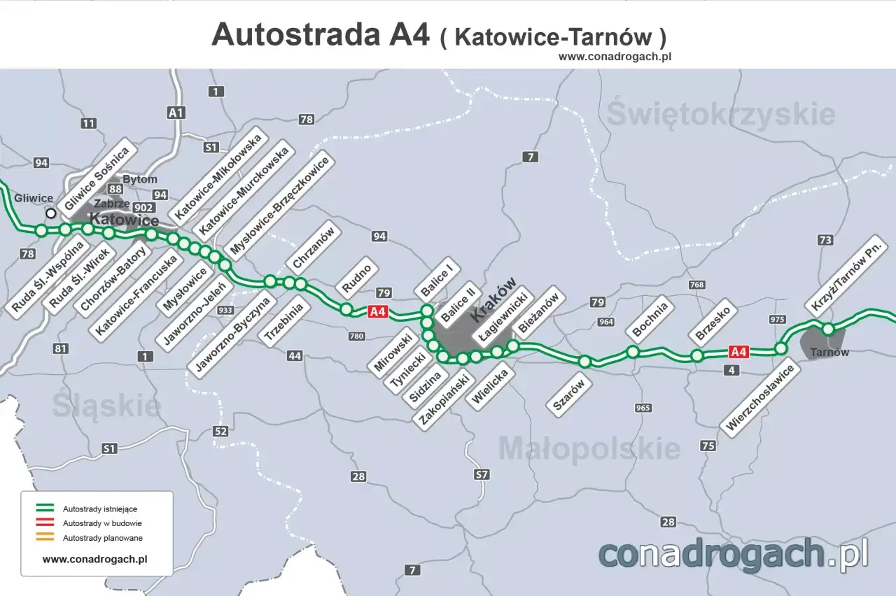Mapa autostrady A4 od Katowic do Tarnowa, pokazująca przebieg, węzły i miejscowości.