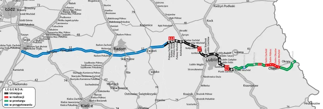 Mapa przedstawia przebieg drogi ekspresowej S12, zaznaczając odcinki istniejące, w realizacji, w przetargu i w przygotowaniu.