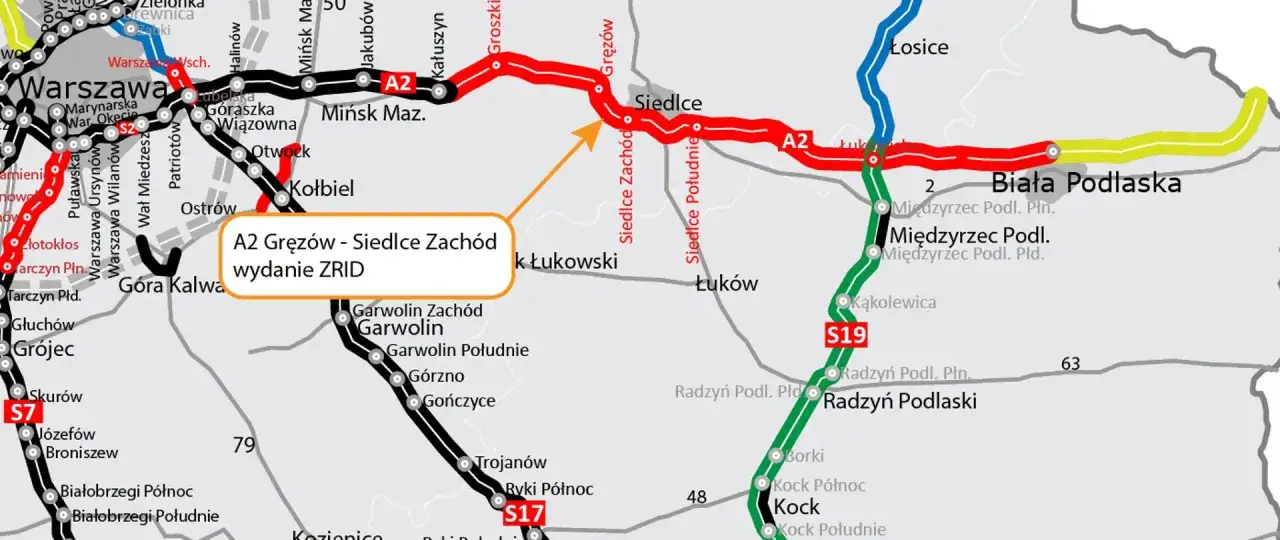 Mapa drogowa z zaznaczoną autostradą A2, drogami S7 i S19, miastami Warszawa, Mińsk Mazowiecki, Siedlce, Biała Podlaska i innymi miejscowościami.