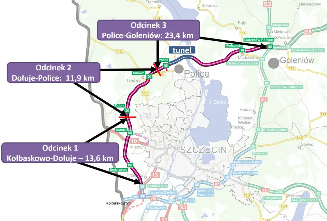 Mapa przedstawia przebieg zachodniej obwodnicy Szczecina z podziałem na trzy odcinki: Kołbaskowo-Dołuje, Dołuje-Police i Police-Goleniów.
