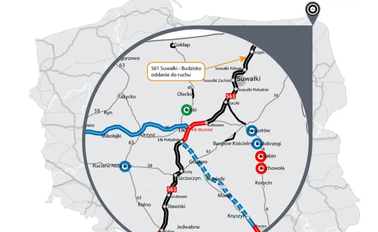 Mapa pokazuje fragment Via Baltica, z zaznaczoną trasą S61 Suwałki-Budzisko.