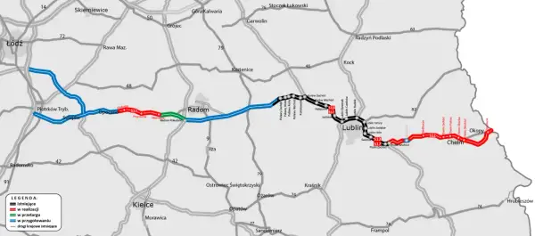 Mapa przedstawia przebieg drogi ekspresowej S12, z zaznaczonymi odcinkami istniejącymi, w realizacji, w przetargu i w przygotowaniu.