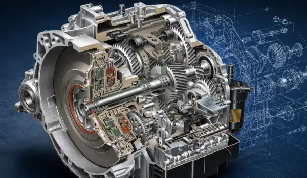 Przekrój skrzyni biegów z widocznymi trybami i elementami hydraulicznymi. To serce technologii powershift, zapewniające płynną zmianę przełożeń.