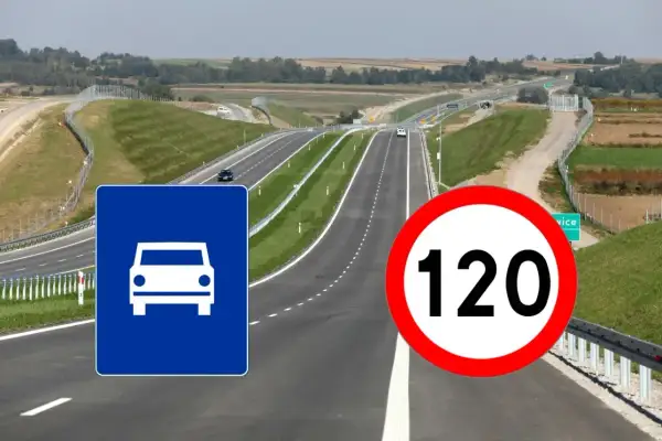 Droga ekspresowa z ograniczeniem prędkości do 120 km/h. Znak informuje o dopuszczalnej prędkości dla samochodów.