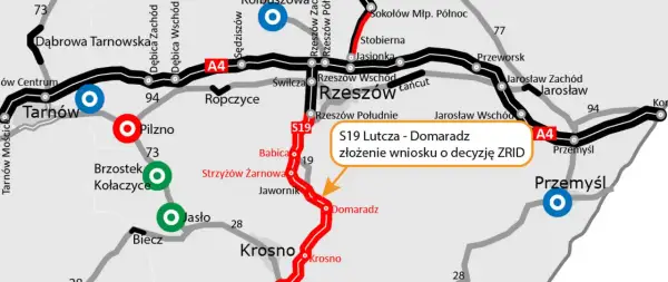 Mapa drogowa z zaznaczoną drogą ekspresową S19, pokazującą postęp prac na odcinku Lutcza - Domaradz.