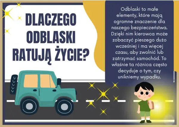 Odblaski ratują życie! Dziecko z plecakiem stoi przy drodze, a samochód widzi je dzięki odblaskom.