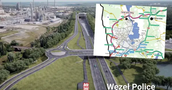 Węzeł Police na zachodniej obwodnicy Szczecina, z widokiem na tunel pod Odrą i przemysłową zabudowę.
