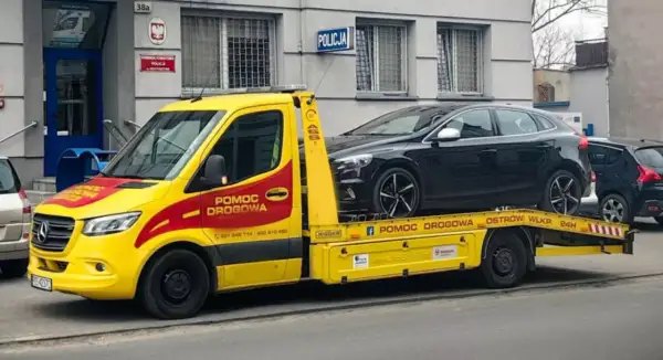 Żółta laweta z napisem "Pomoc drogowa" przewozi czarny samochód przed budynkiem policji. Konfiskata samochodu w akcji.