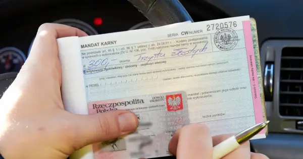 Ręka trzyma mandat karny na 300 zł, obok dowód osobisty.