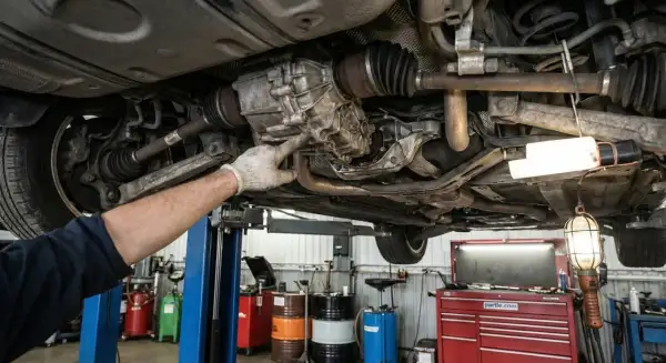 Mechanik wskazuje na skrzynię biegów w samochodzie z napędem **rwd**. Podniesiony pojazd w warsztacie.