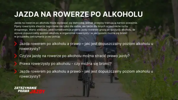 Dwie osoby jadące rowerami po ścieżce, z tekstem ostrzegającym przed jazdą rowerem po alkoholu.