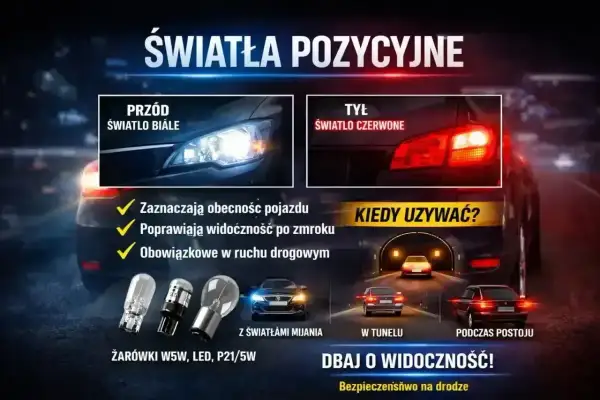 Białe światła z przodu i czerwone z tyłu pojazdu. Używaj ich, gdy zapada zmrok, w tunelu lub podczas postoju. Dbaj o widoczność!