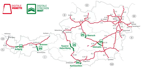 Mapa Austrii z zaznaczonymi drogami, gdzie e-winieta Austria cena jest kluczowa dla podróżujących.