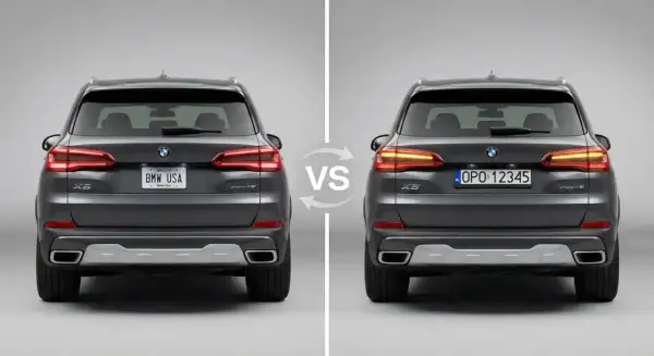 Porównanie tyłu BMW X5 z USA i Europy. Z lewej strony tablica "BMW USA", z prawej polskie tablice rejestracyjne.