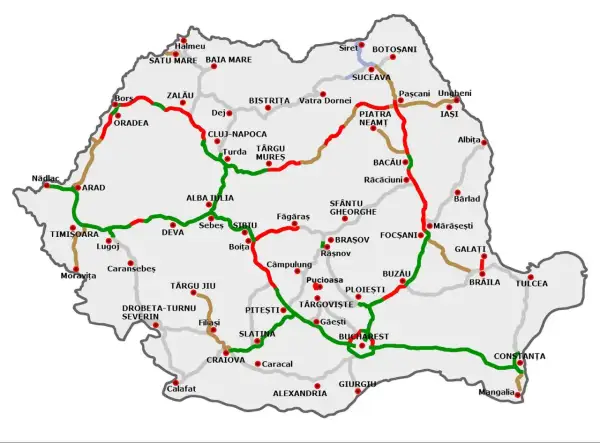 Mapa drogowa Rumunii z zaznaczonymi miastami i trasami. Winieta Rumunia jako przewodnik po podróży.